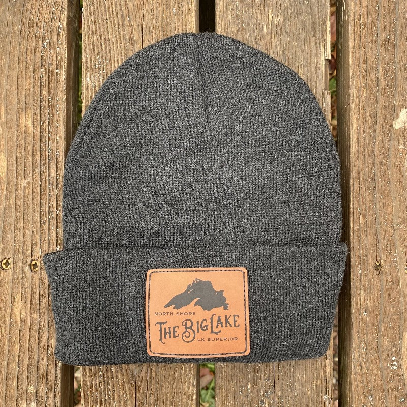 Big Lake Beanie w/Leather Patch: Maroon, Brown -or- Charcoal