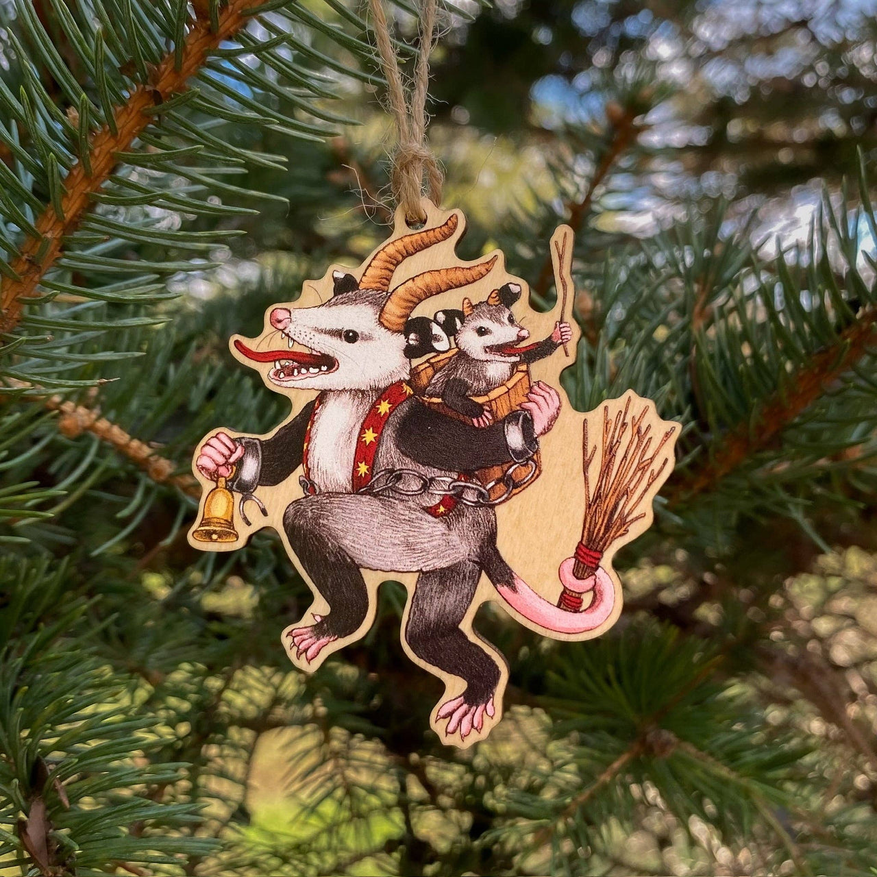 Krampus Opossum Wood Print Christmas Ornament