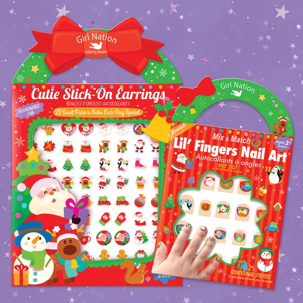 Lil’ Fingers Nail Art & Clip-On Earrings Gift Set | Holly Jolly