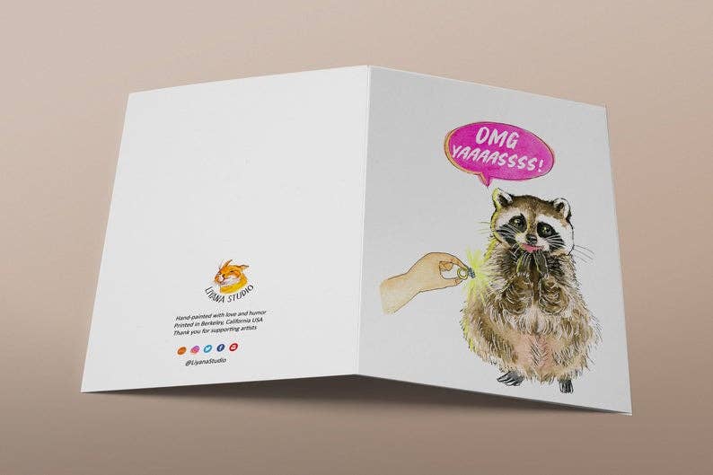 Yaaas Engaged Raccoon - Funny Engagement Card