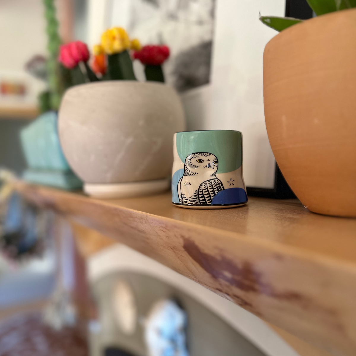 Lucky Snowy Owl Cup - Medium Ceramic Christmas Holiday Mug