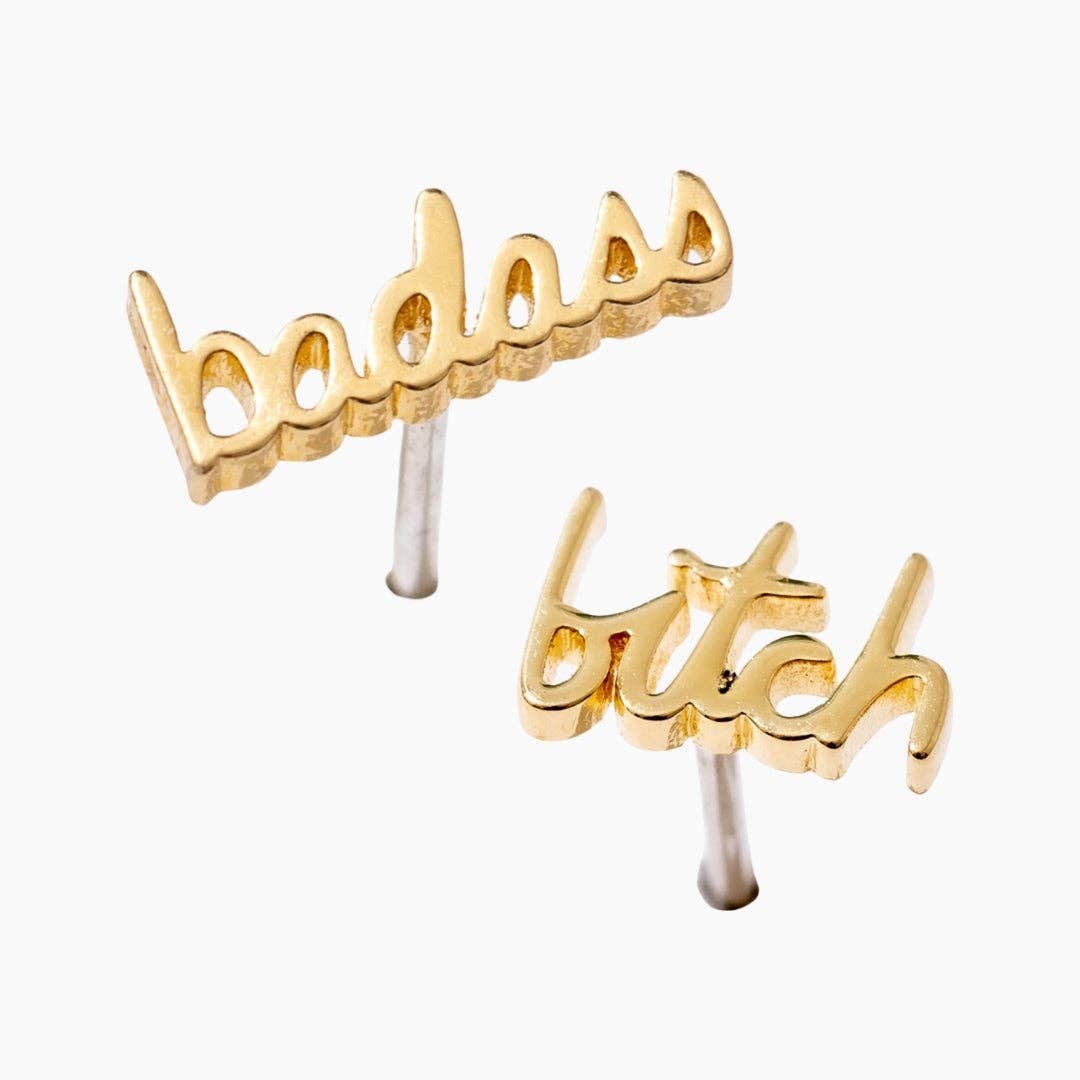 14K Gold Plated Badass Bitch Script Stud Earrings