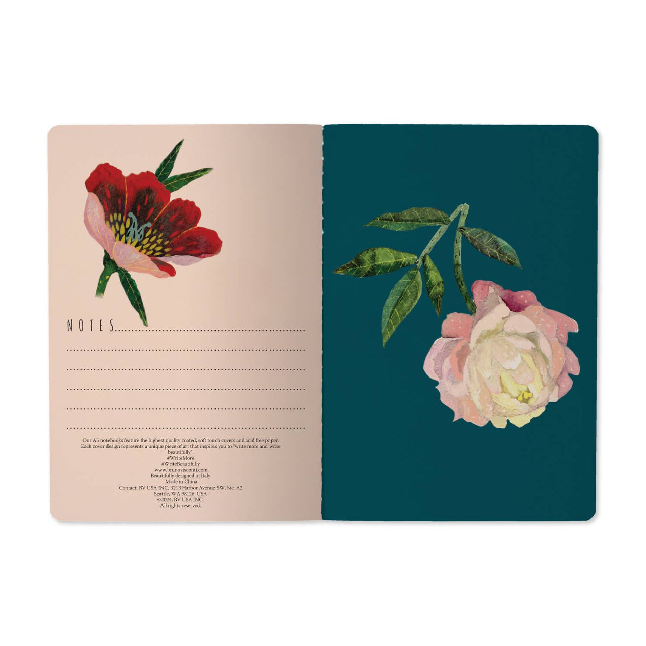 A5 Notebook - Peonies on Black