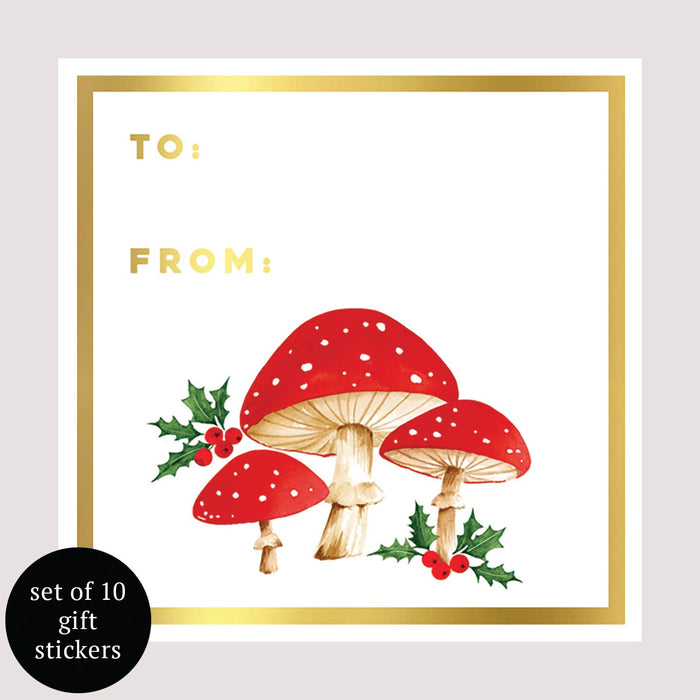 Mushrooms Holiday Gift Tags - Set of 10 | Gift Stickers