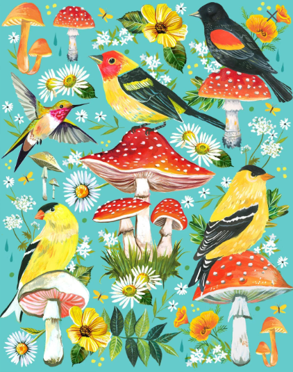 Birds & Mushrooms | Spring Wall art