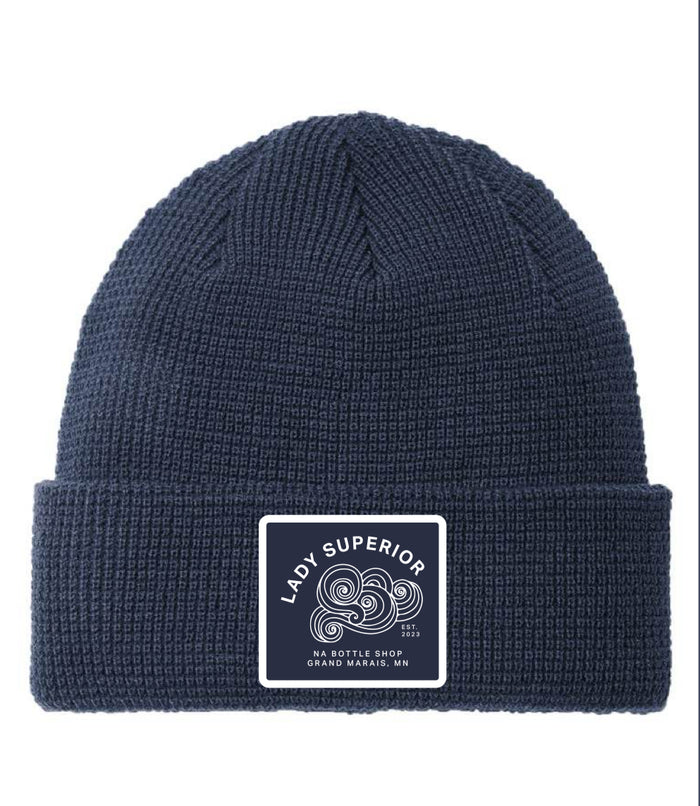 Lady Superior Beanie w/Leather Patch: Blue Waffle Knit