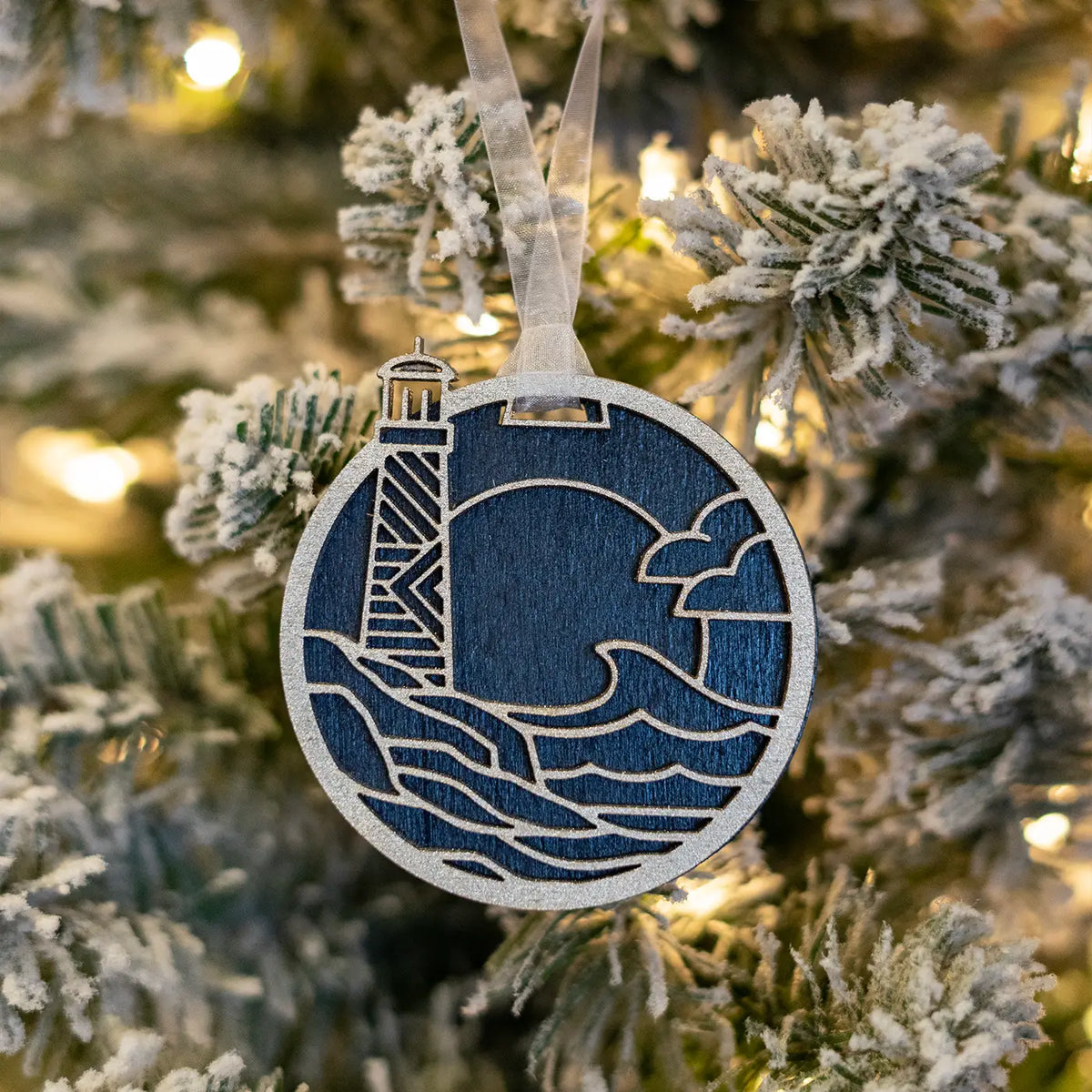 Wood Lighthouse Silver and Midnight Blue Ornament