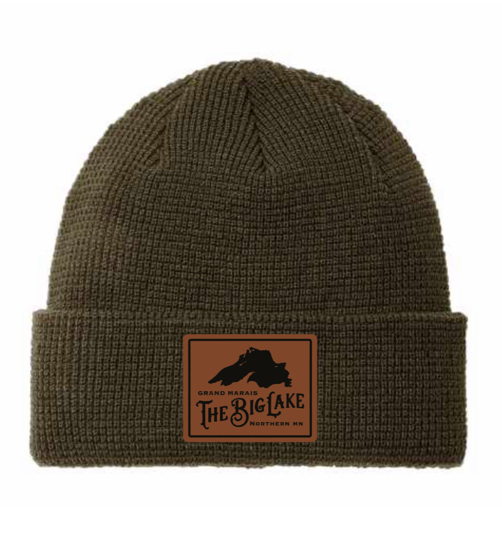 Big Lake Beanie w/Leather Patch: Hunter Green Waffle Knit