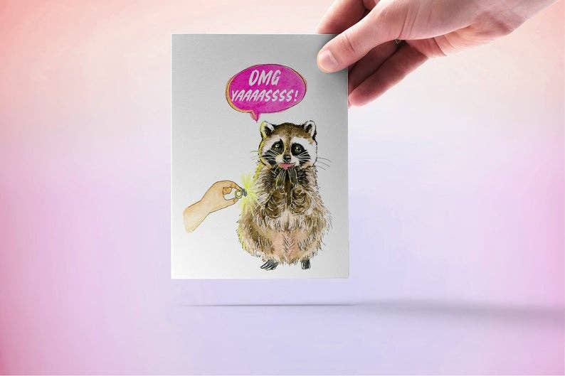 Yaaas Engaged Raccoon - Funny Engagement Card