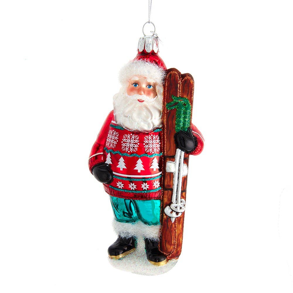 Santa with Skis Glass Ornament