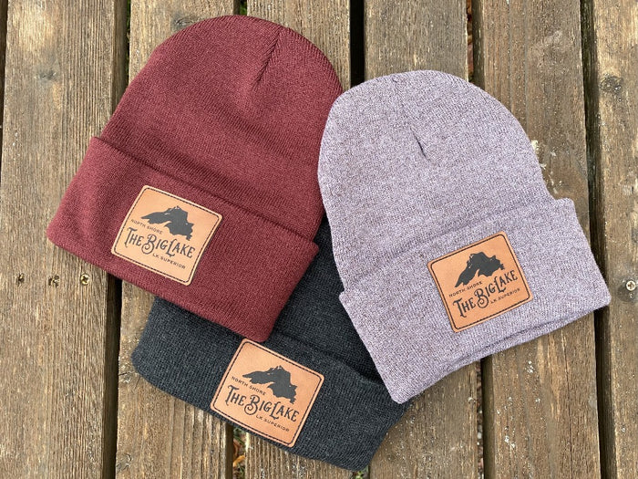Big Lake Beanie w/Leather Patch: Maroon, Brown -or- Charcoal