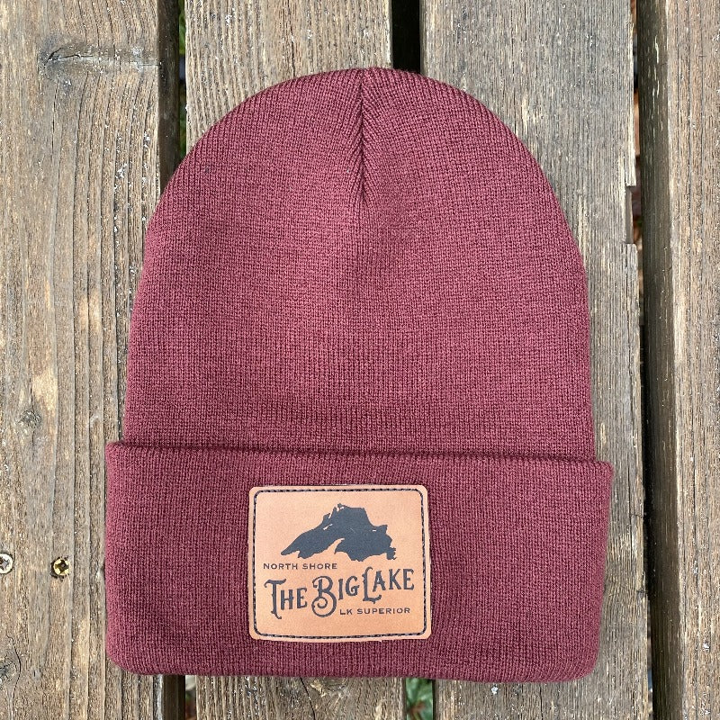 Big Lake Beanie w/Leather Patch: Maroon, Brown -or- Charcoal