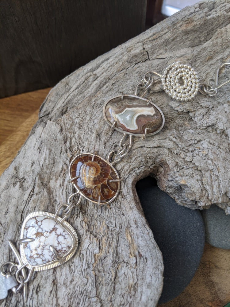 Wild horse Magnesite, Crazy Lace Agate, Ammonite Bracelet